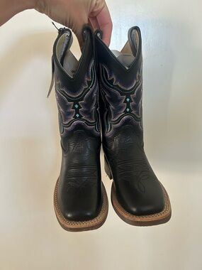 Old West Black Kids Cowboy Boots with Multicolor Stitching